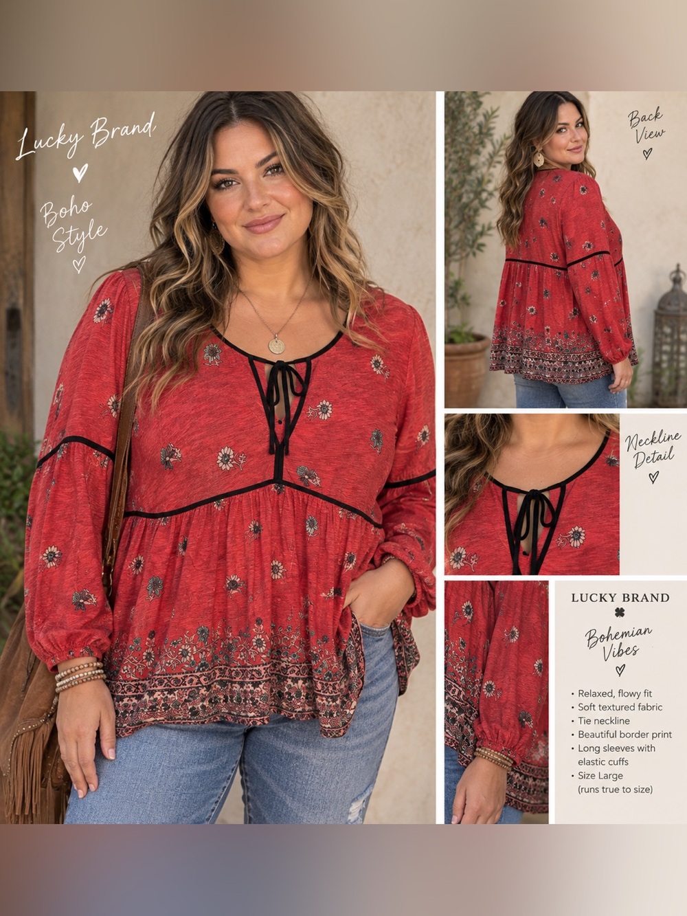 Lucky Brand Red Floral Tie-Front Boho Tunic with Black Trim